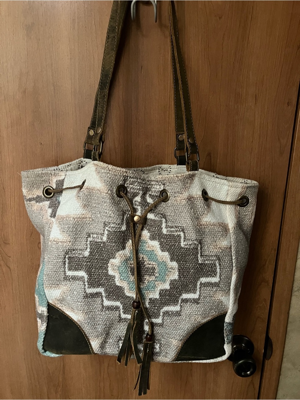 Myra Temple Run Bucket Bag/Tote Southwestern Turquoise Gray and Beige   pattern